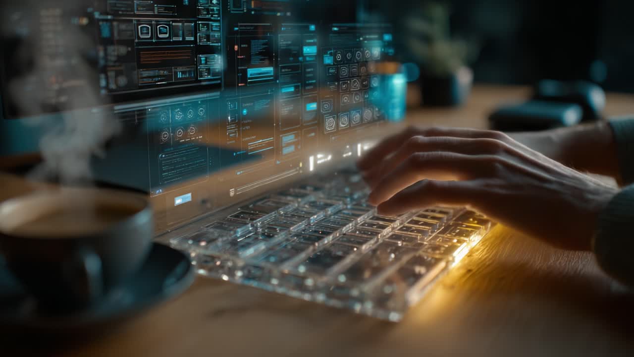 Exploring the Digital Realm: An Engaging Scene of a User Interacting with a Transparent Keyboard While Surrounded by Abstract Data Visualizations and Ambient Lighting, Symbolizing Modern Technology Usage