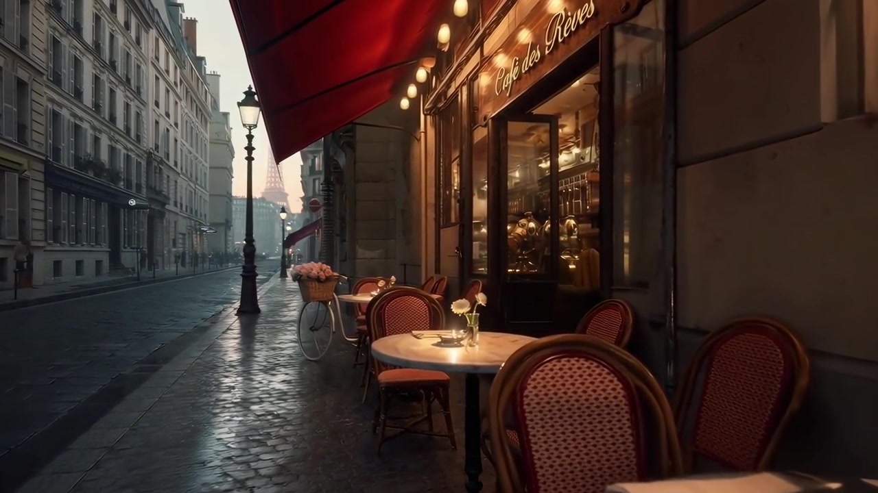 Tranquilla strada parigina con tavoli all'aperto di un caffè e vista sulla Torre Eiffel