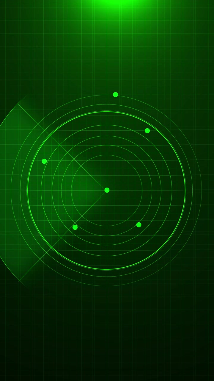 Interfaccia bersaglio verde neon con anelli di scansione circolari a griglia radar e spazio di monitoraggio scuro perfetto