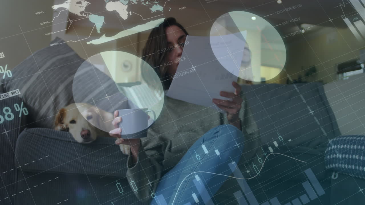 animación de diversos gráficos y datos sobre la mujer caucásica con perro que trabaja en casa