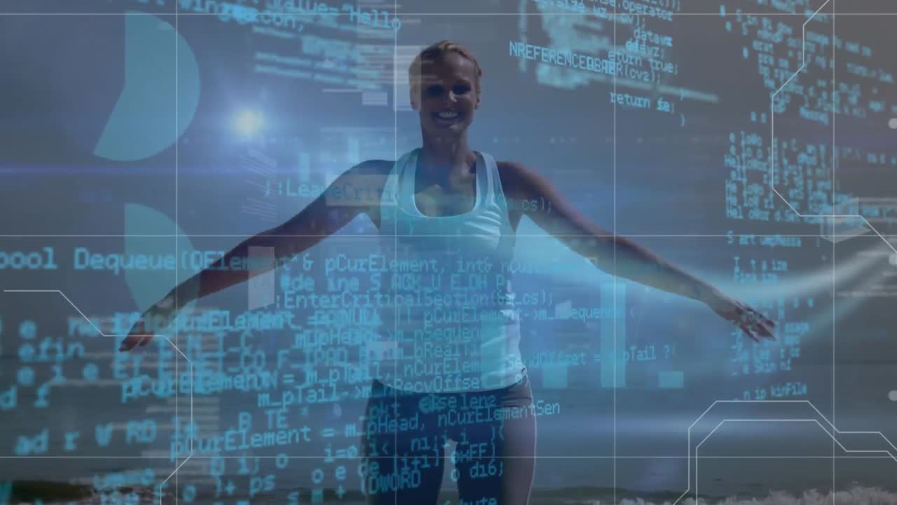 Animation of digital screen with data over caucasian woman exercising on beach