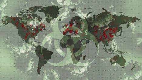 Biohazard-symbol-and-multiple-covid-19-cells-floating-against-world-map-on-grey-background