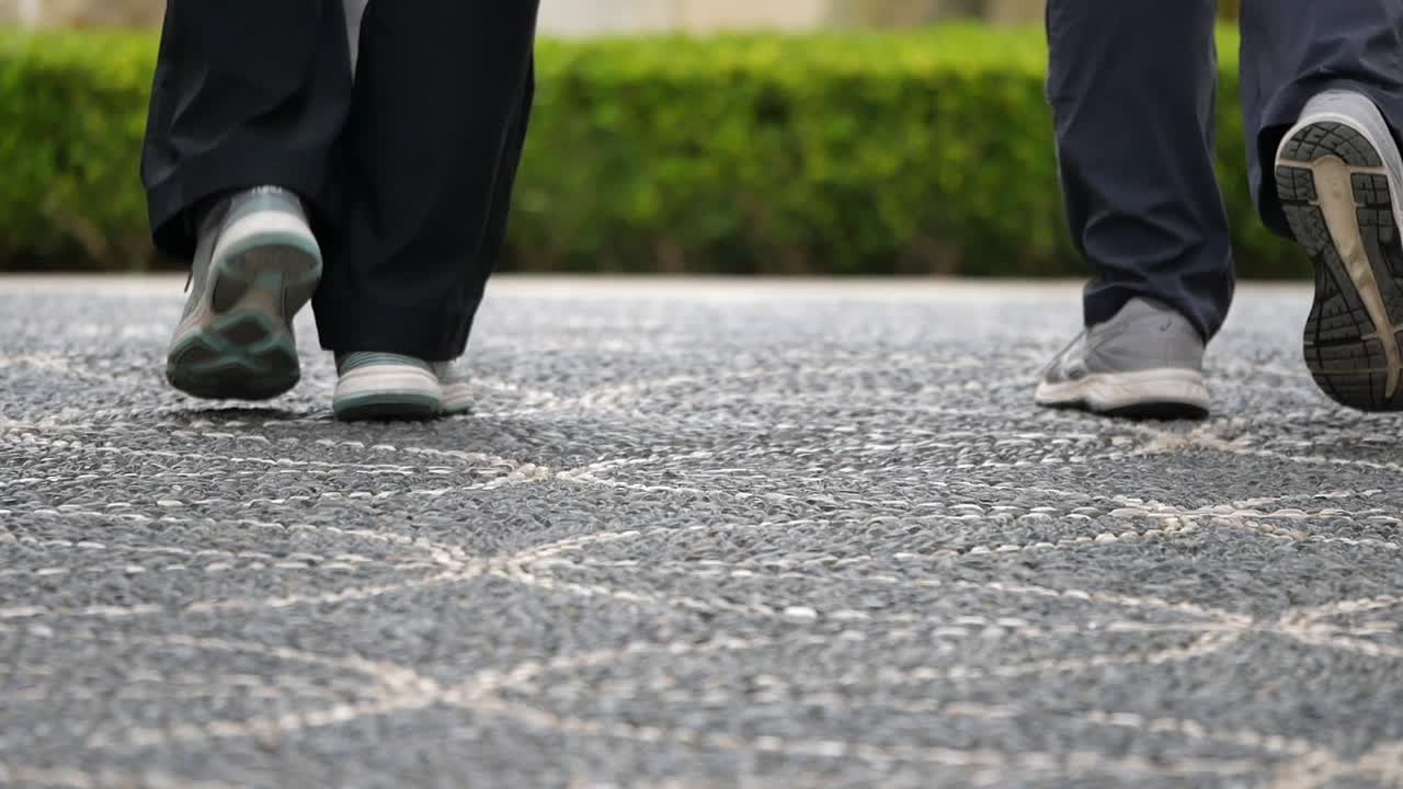 People walking on a patterned stone path