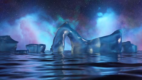 surreal iceberg landscape under a starry night sky