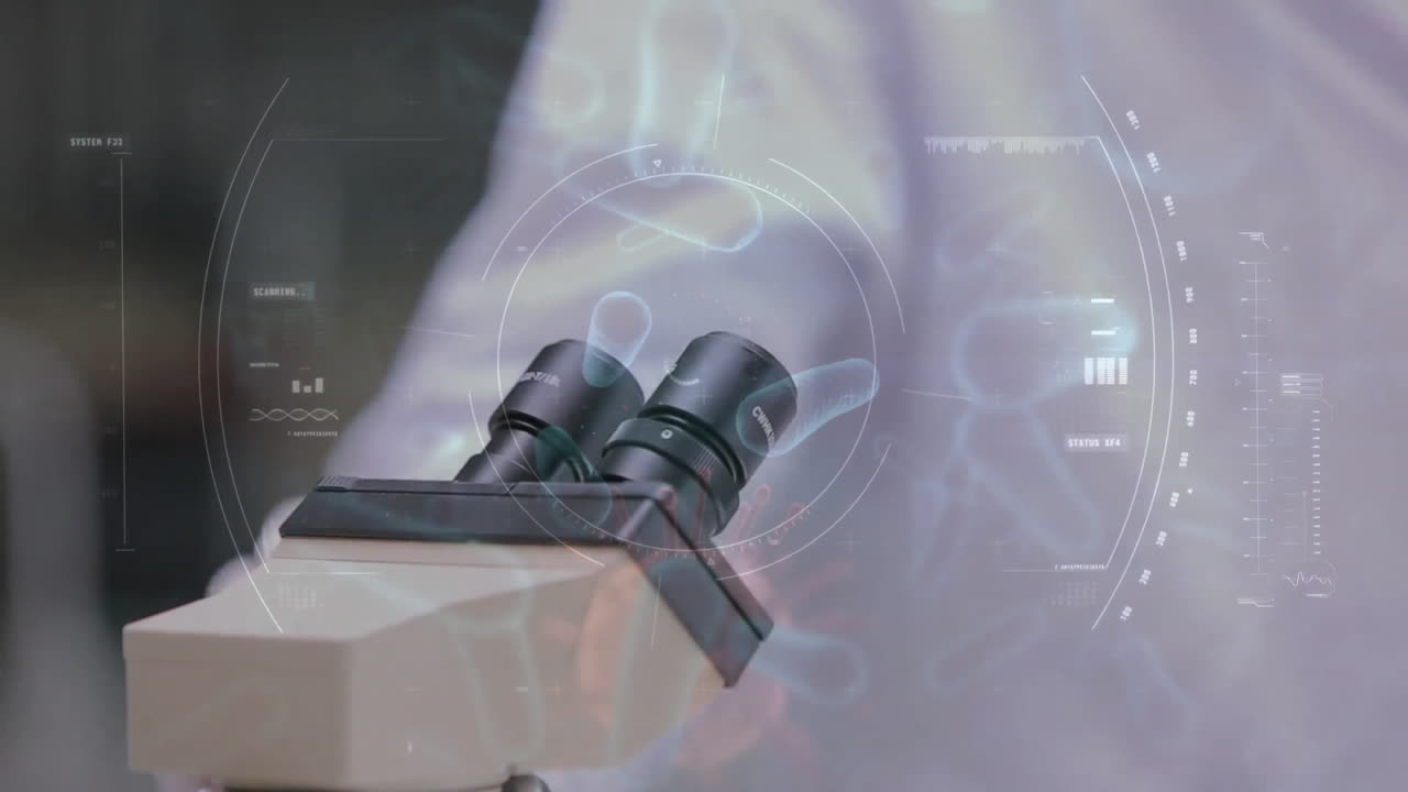 animación de un científico caucásico con un microscopio en el laboratorio sobre datos y células