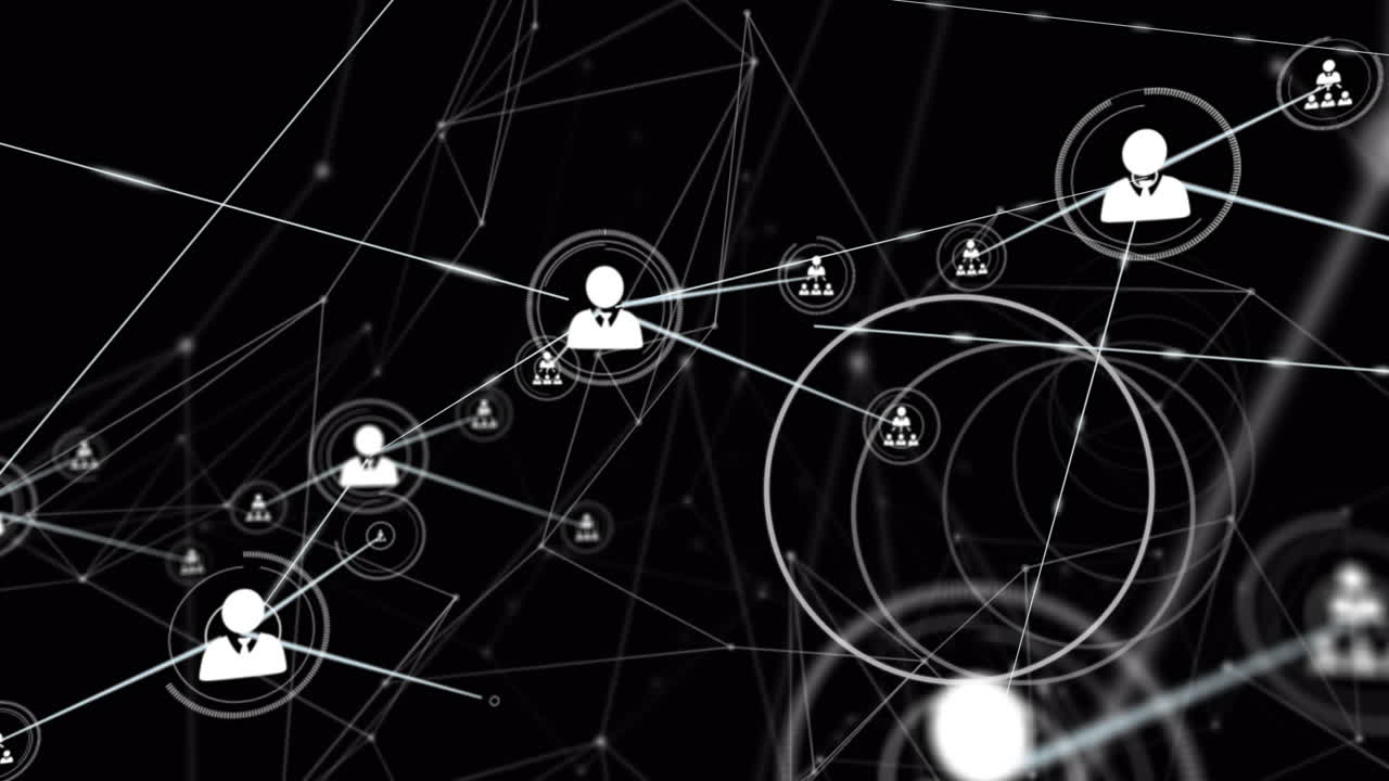 Animation of network of connections with icons over black background