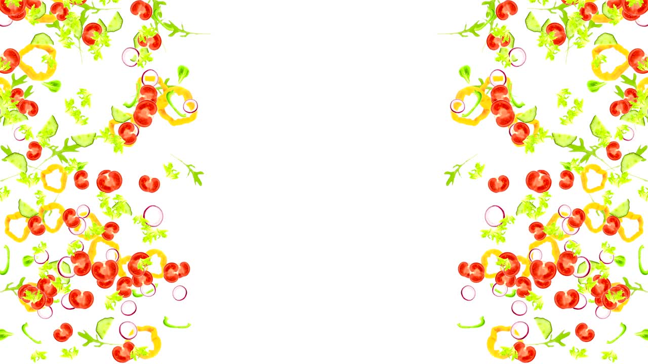 신선한 러드 재료의 프레임이 끊임없이 아래로 떨어집니다. 토마토, 라드, 고추, 양파, 호박 및 로켓 러드를 가진 지중해 식단 및 영양