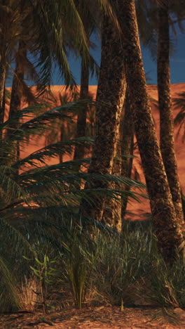 serene oasis in the desert: palm trees and sand dunes at sunset