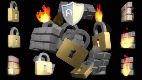 a dynamic visual composition featuring locks, shields, and flames symbolizing security, protection, and digital defense in a vibrant animation