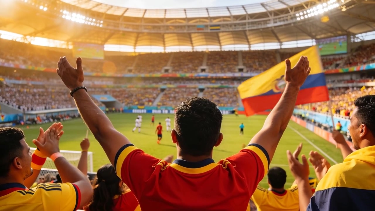 Levantando los brazos, un aficionado con camiseta roja anima a su equipo durante el juego en el estadio, mientras otros aficionados ondean una bandera grande.
