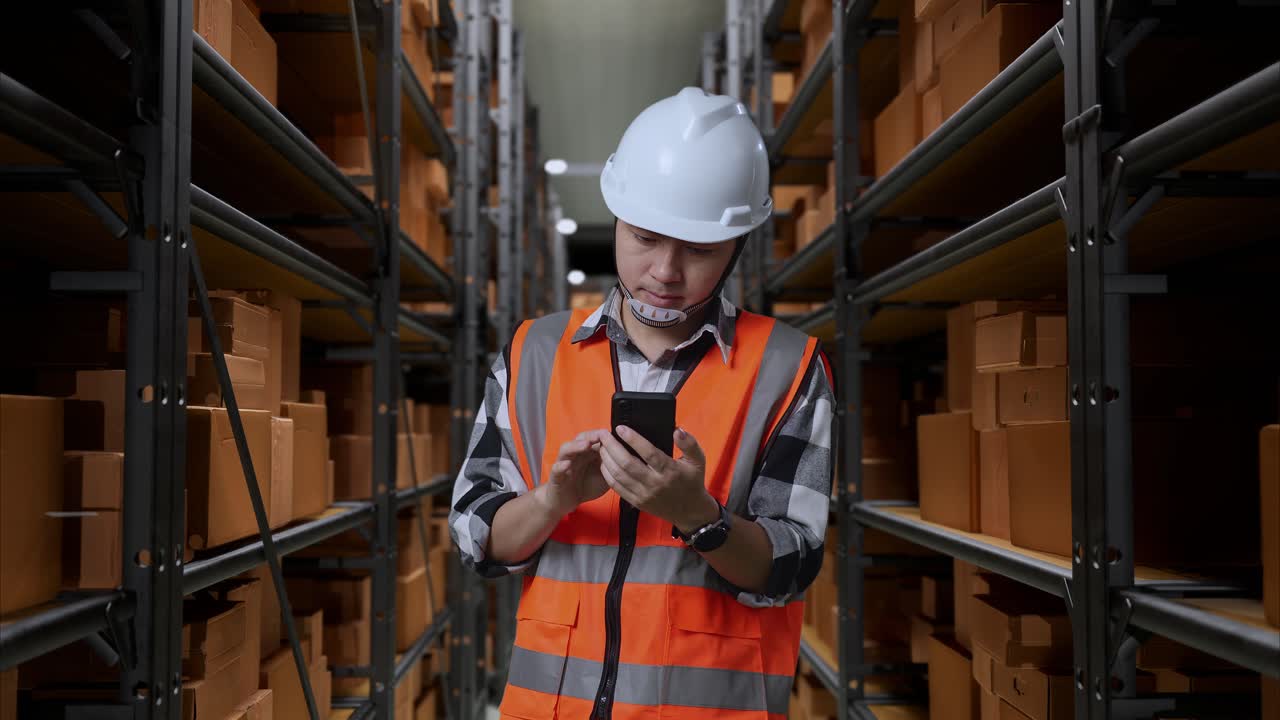 Asian Male Engineer With Safety Helmet Using Smartphone And Looking Around While Standing In The Warehouse With Shelves Full Of Delivery Goods