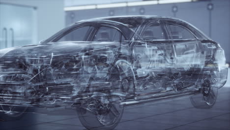 coche transparente con motor en el laboratorio