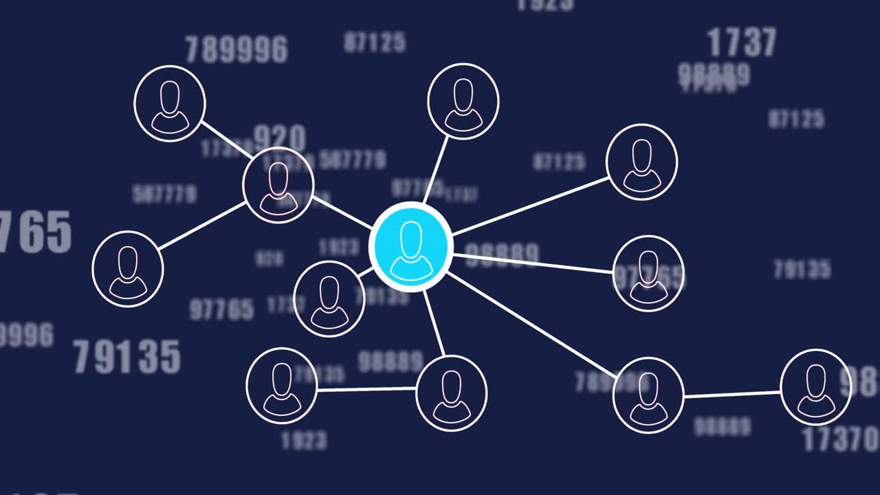 animación de la red de conexiones y procesamiento de datos sobre un fondo oscuro