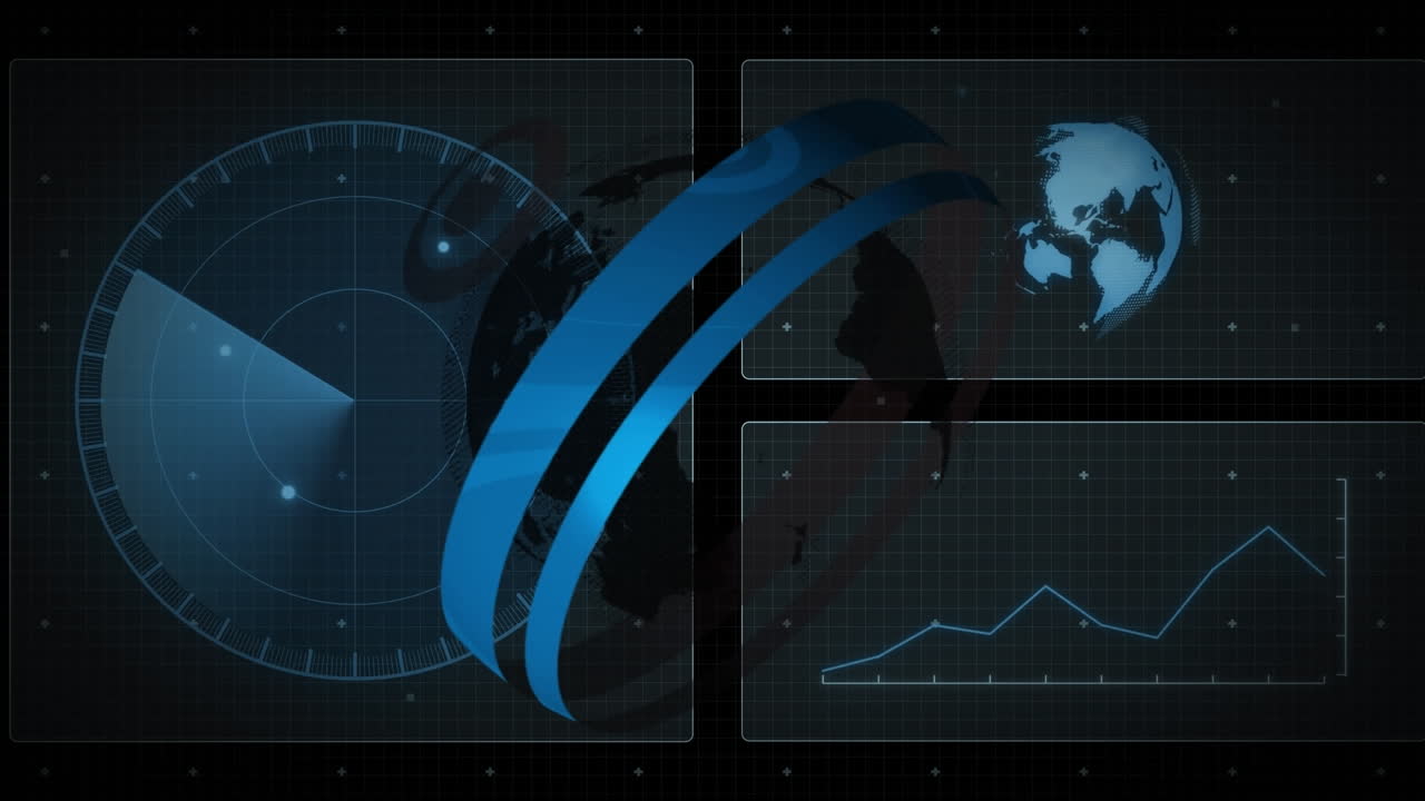 Animation of spinning globe over interface with data processing against black background