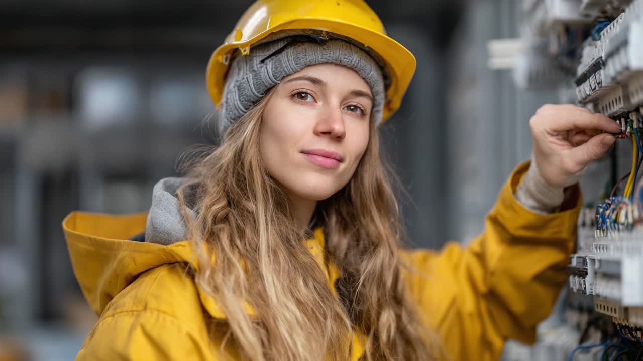 A skilled woman electrician confidently working on electrical circuits, showcasing her expertise in a construction site with modern equipment and safety gear