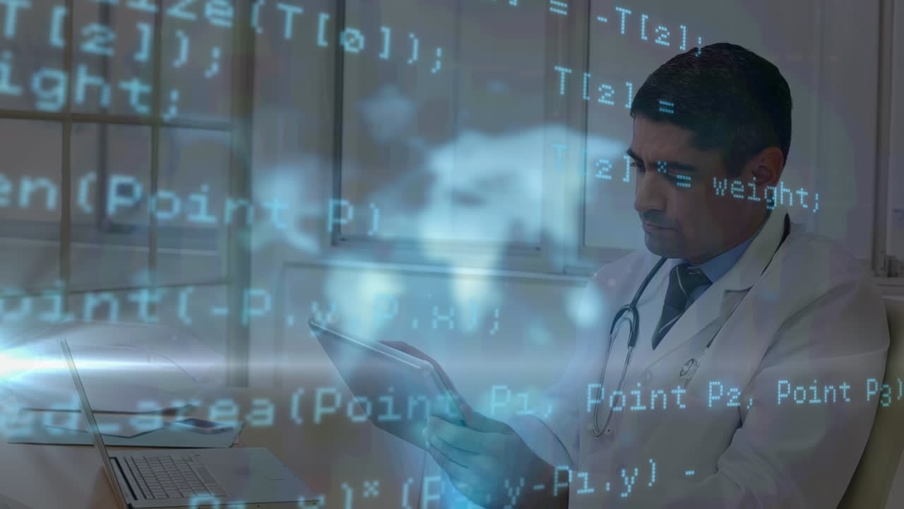 animación de procesamiento de datos científicos sobre médico caucásico con tableta