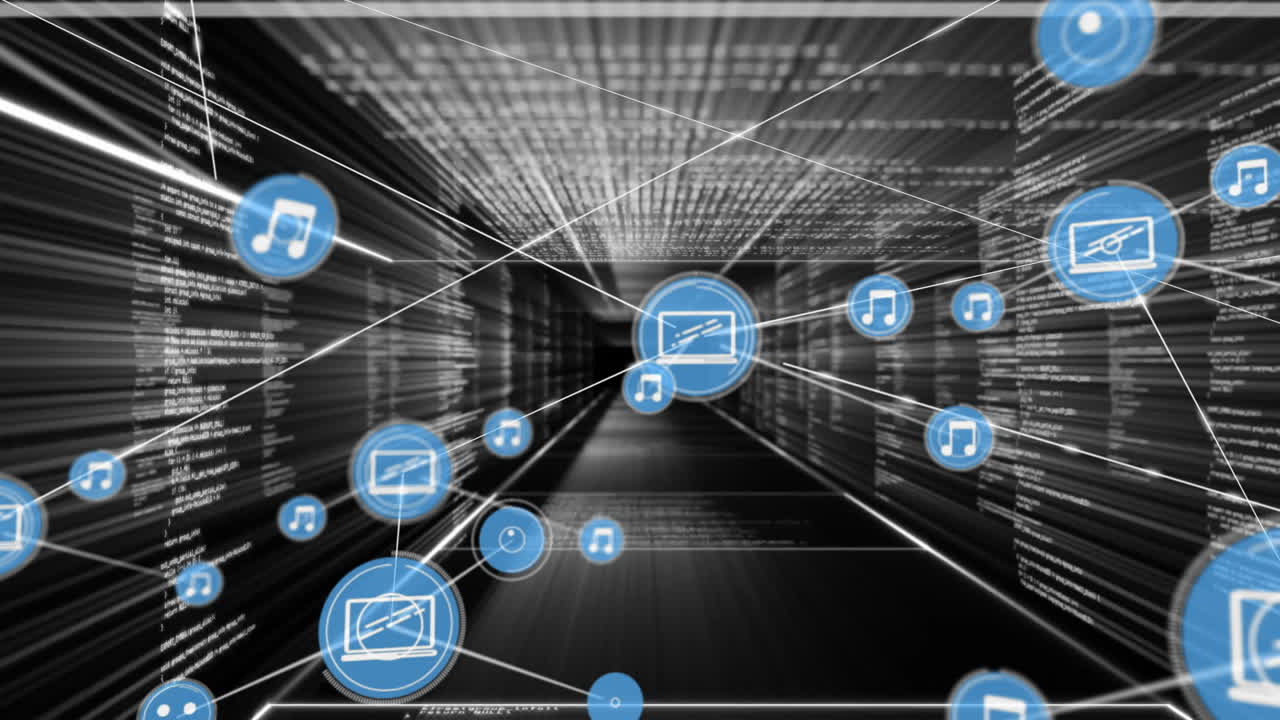 Music and media icons connected by lines, data network animation over digital tunnel