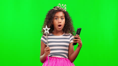 shock, phone and child in a studio with green