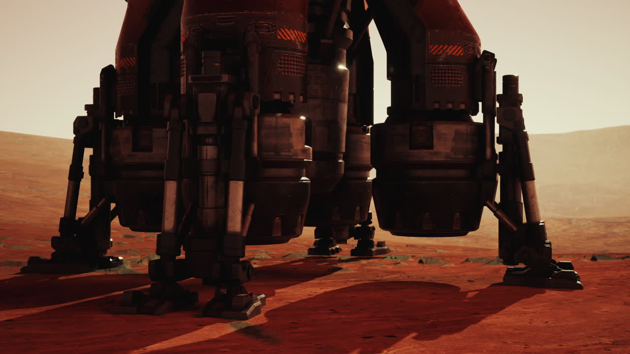 A spaceship landing on the surface of Mars