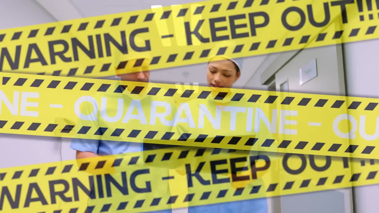 코로나바이러스 전염병 기간 동안 보건의료 종사자가 배경에있는 단어 경고의 애니메이션