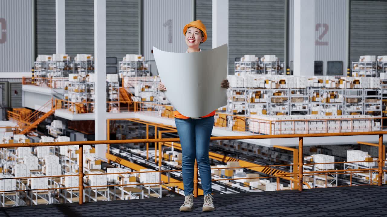 женщина-инженер, рассматривающая планы склада