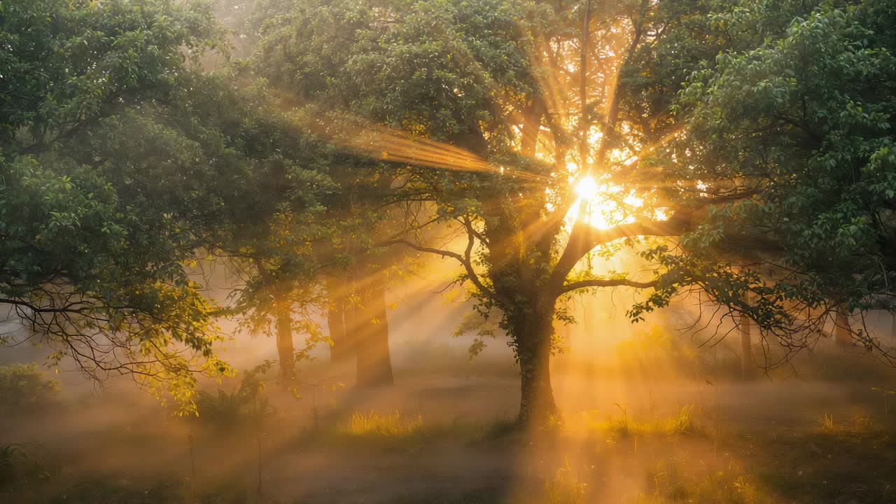 Rising sun sending warm crepuscular rays through forest clearing, central mature tree lighting mist