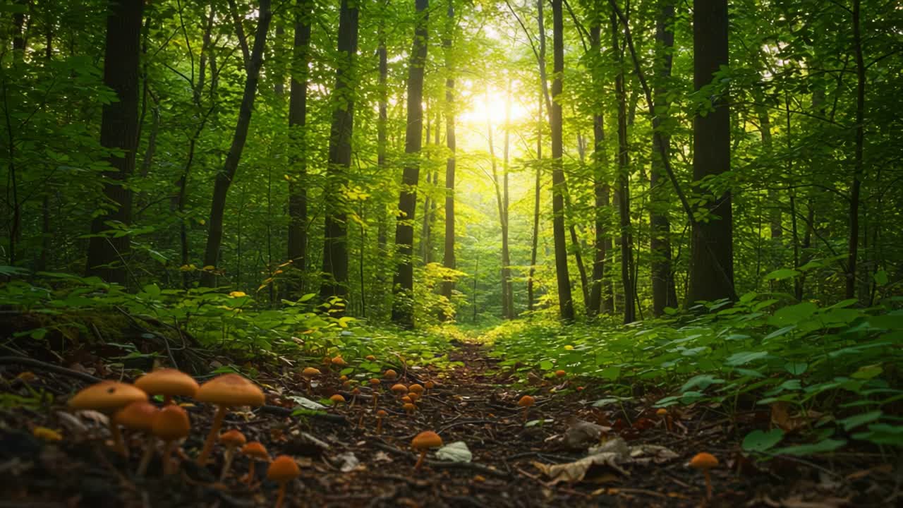 Un Sentiero Sereno nella Foresta Illuminato dalla Luce del Mattino, Circondato da Vegetazione Rigogliosa e Funghi Enigmatici, Invitando all'Esplorazione e a una Connessione con la Natura.