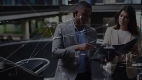 animation of network of connections over diverse business people in office