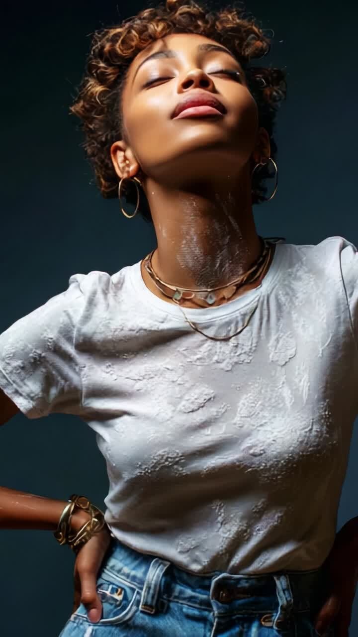 Posizione sicura: una giovane donna con capelli ricci e trucco minimal posa elegantemente alla luce naturale, esprimendo sicurezza di sé e atteggiamento aggraziato