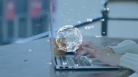 Animation-of-globe-with-network-of-connections-over-woman-using-laptop