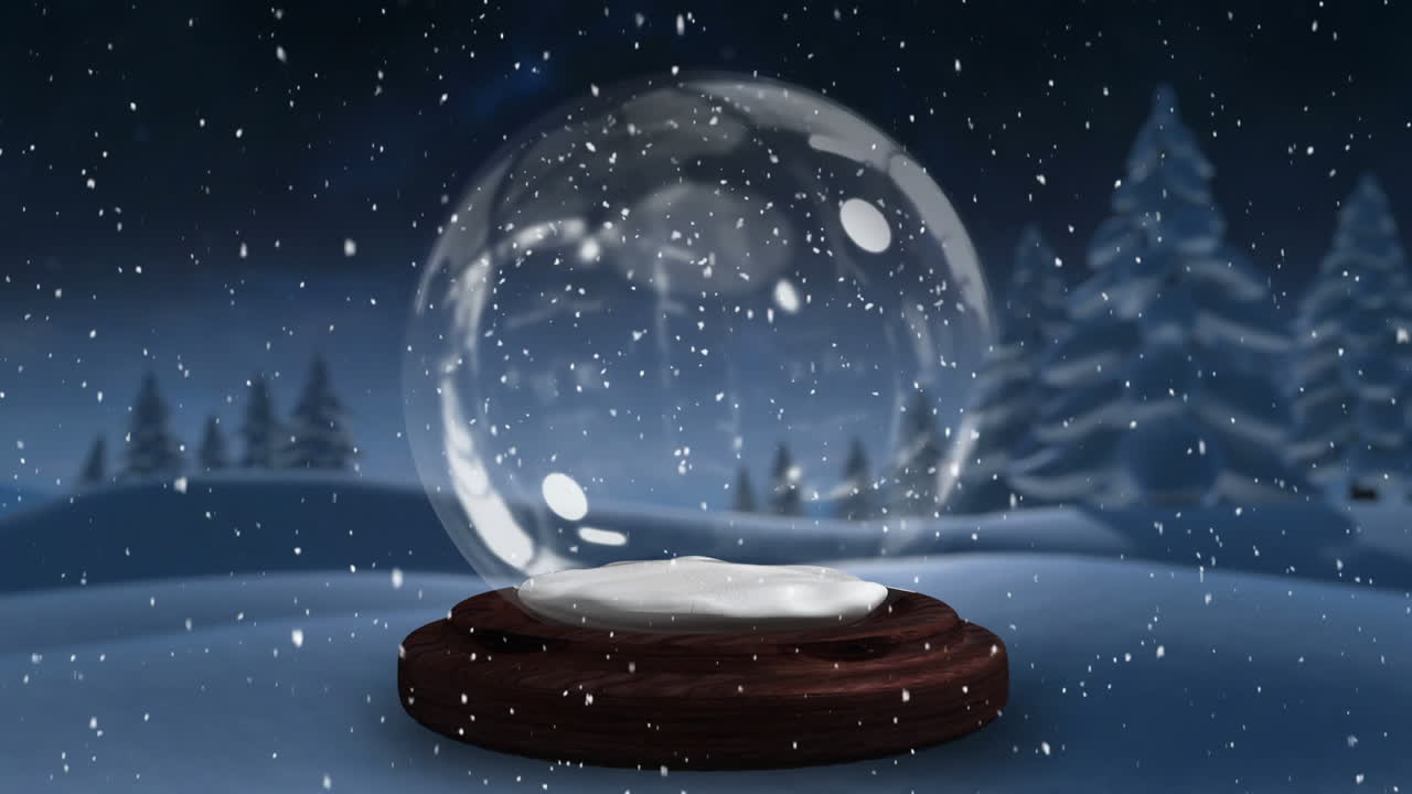 유리 공과 함께 겨울 풍경 위의 눈과 함께 비디오 구성