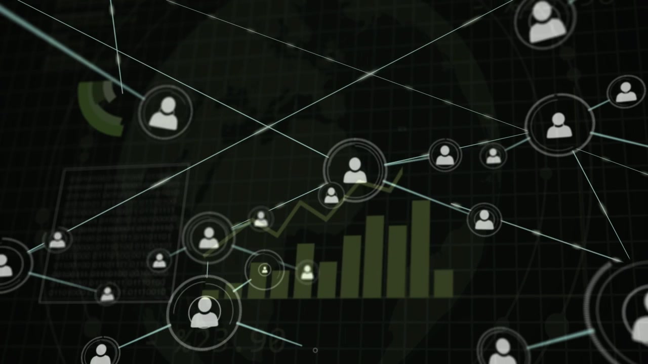 ANALYSING DATA switching, central node emitting links, linking nodes and aggregating metrics on HUD