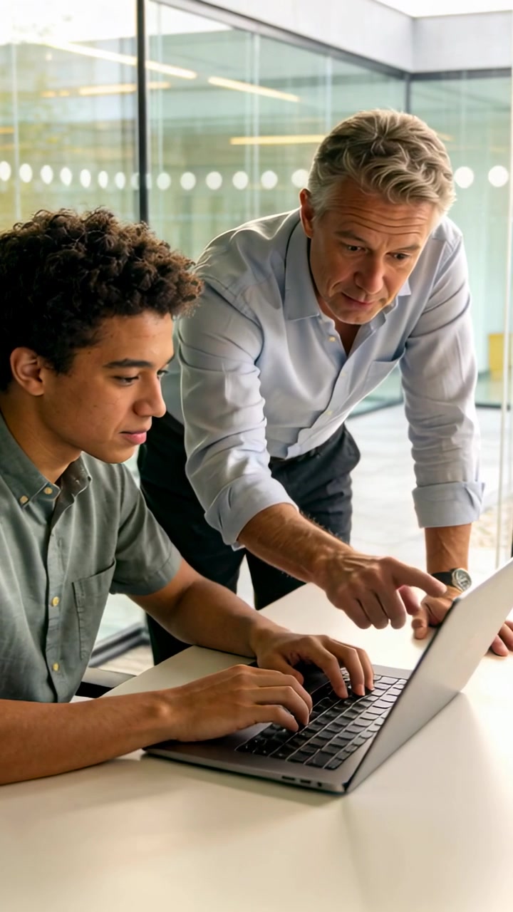Vídeo vertical: Mentor orientando mentorado que digita em laptop no escritório durante treinamento.