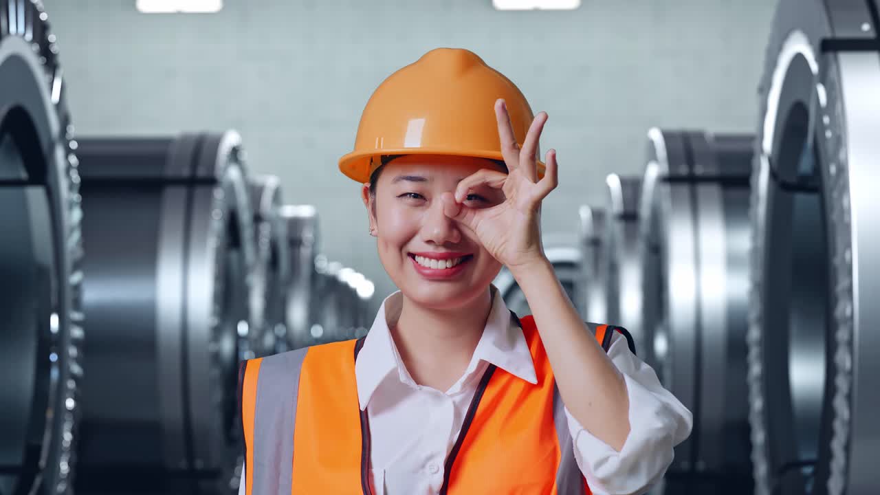 안전 헬을 입은 아시아 여성 엔지니어의 클로즈업은 금속 공장에서 서서 카메라에 미소 짓고 ok 손 표시를 보여줍니다.