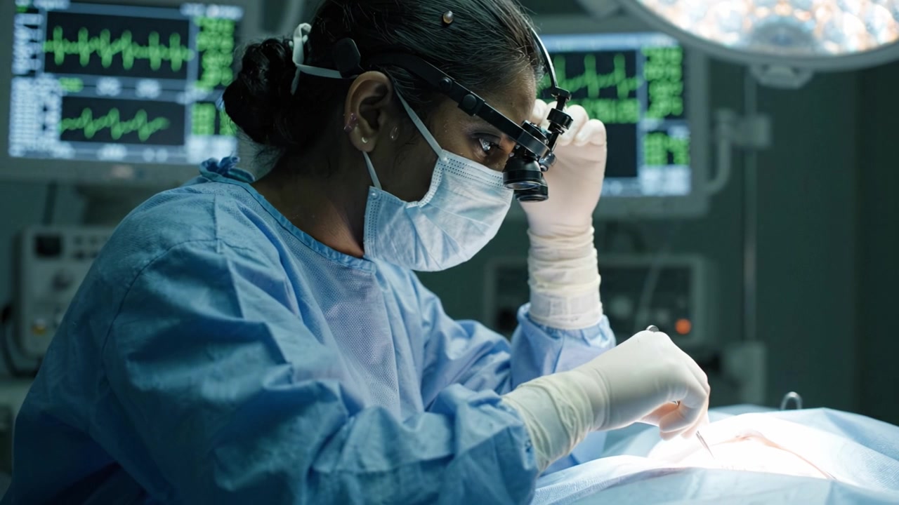 A determined surgeon meticulously performs a delicate surgical procedure, showcasing intense concentration and expert skill in a modern operating room environment.