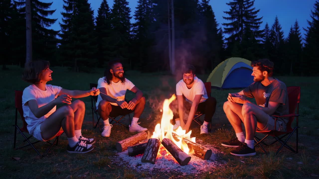 Friends Enjoying a Campfire at Night in the Forest
