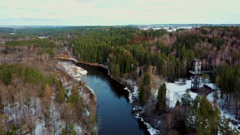 Aerial-View-of-Anyksciai-Laju-Takas,-Treetop-Walking-Path-Complex-With-a-Walkway,-an-Information-Center-and-Observation-Tower,-Located-in-Anyksciai,-Lithuania-near-Sventoji-River