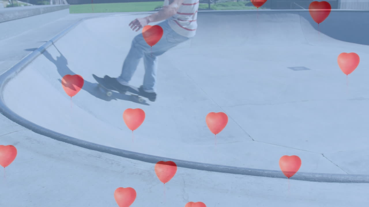 스케이트보딩을 하는 백인 소년 위에 심장 모양의 풍선의 애니메이션