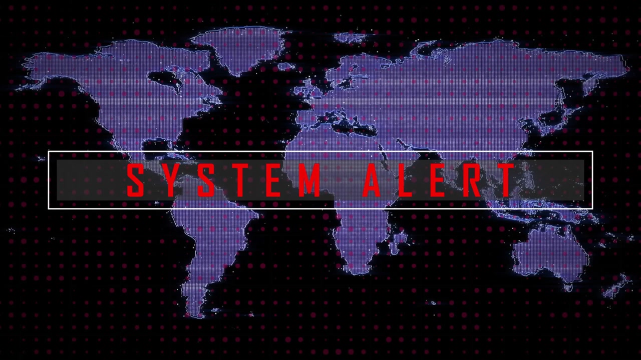 map fading starting letters glitching into SYSTEM ALERT locking frame scanlines flickering black