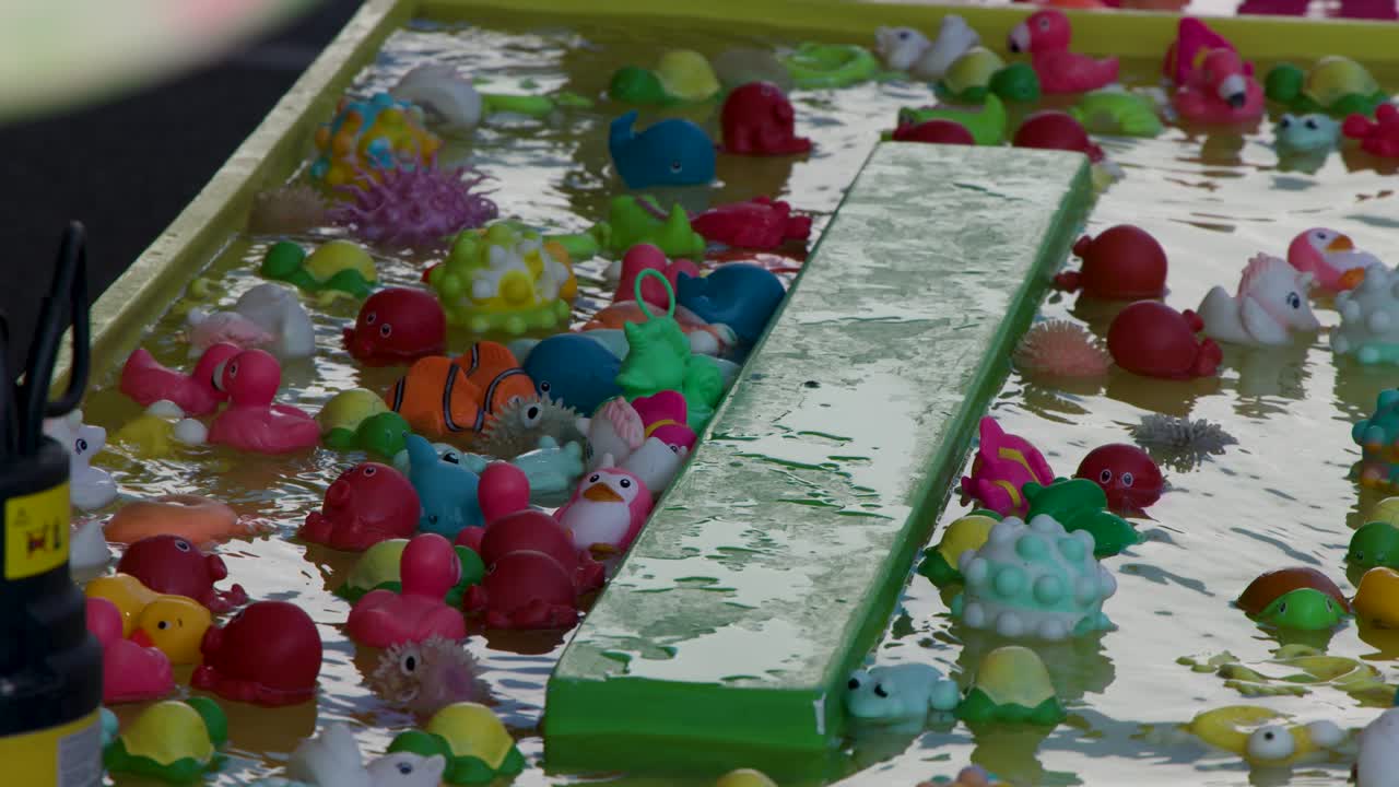 Plastic animal toys float in water at an outdoor carnival game, bright daylight, playful atmosphere