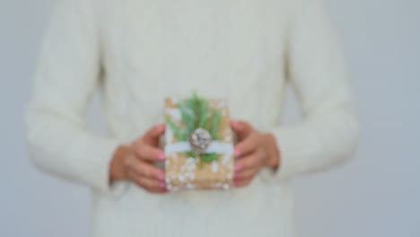 woman shows a wrapped gift decorated with a pine cone, a branch and painted snow