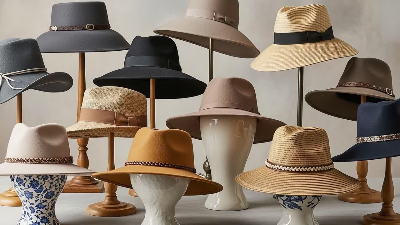 An Array of Elegant Hats Displayed on Stylish Stands: A Visual Journey Through Fashionable Headwear and Styles from Classic to Contemporary