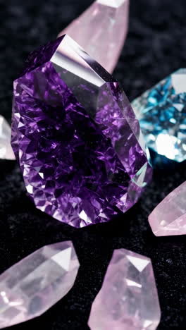 close-up of sparkling purple amethyst and pink quartz crystals