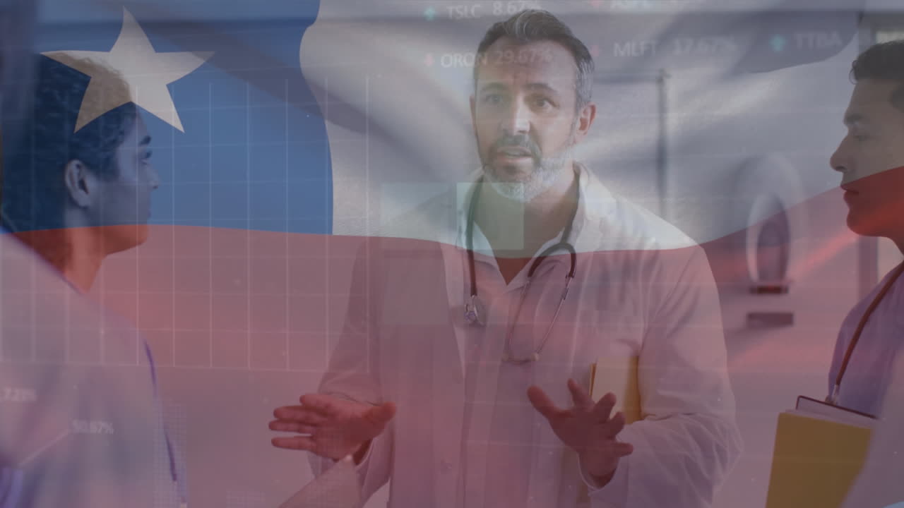 animación de agitar la bandera de chile sobre diversos médicos que conversan en el hospital