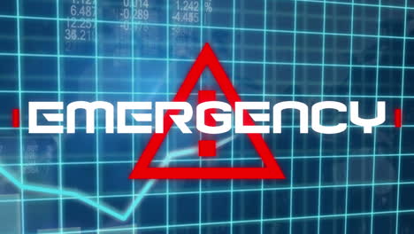 animation of a word emergency on red warning sign over a stock market display, data recording.