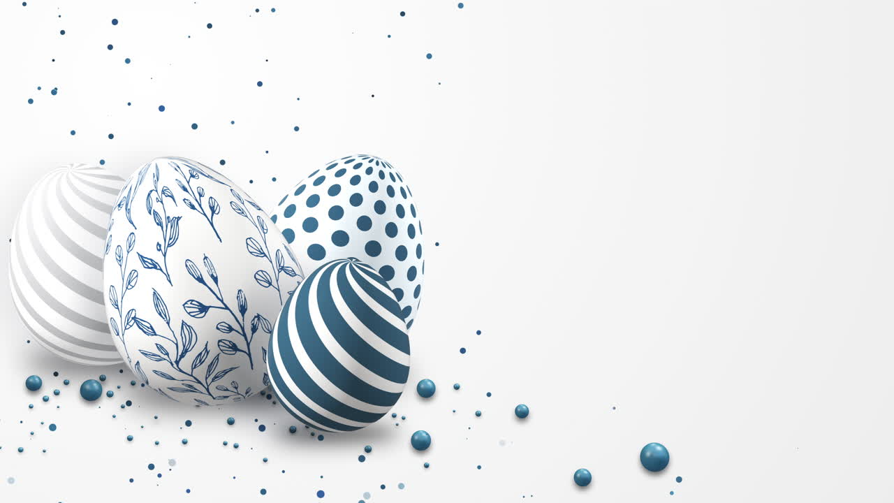 Happy easter template with blue rustic floral eggs, looped white animated 3d background with empty space for text.