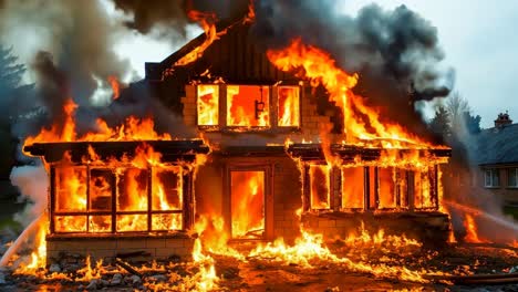 a house on fire with a hose spraying water on the roof