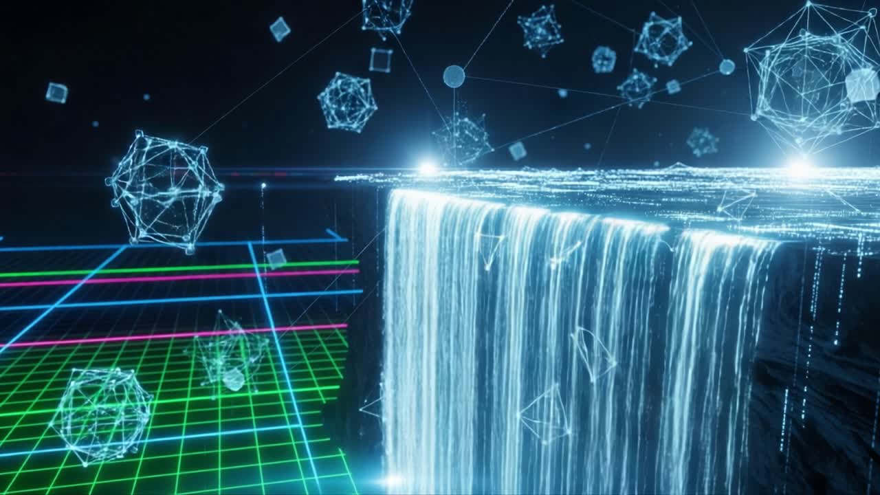 A stunning representation of a futuristic digital waterfall, showcasing a cascade of luminous data streams, geometric shapes, and a high-tech environment, where the beauty of nature meets technology
