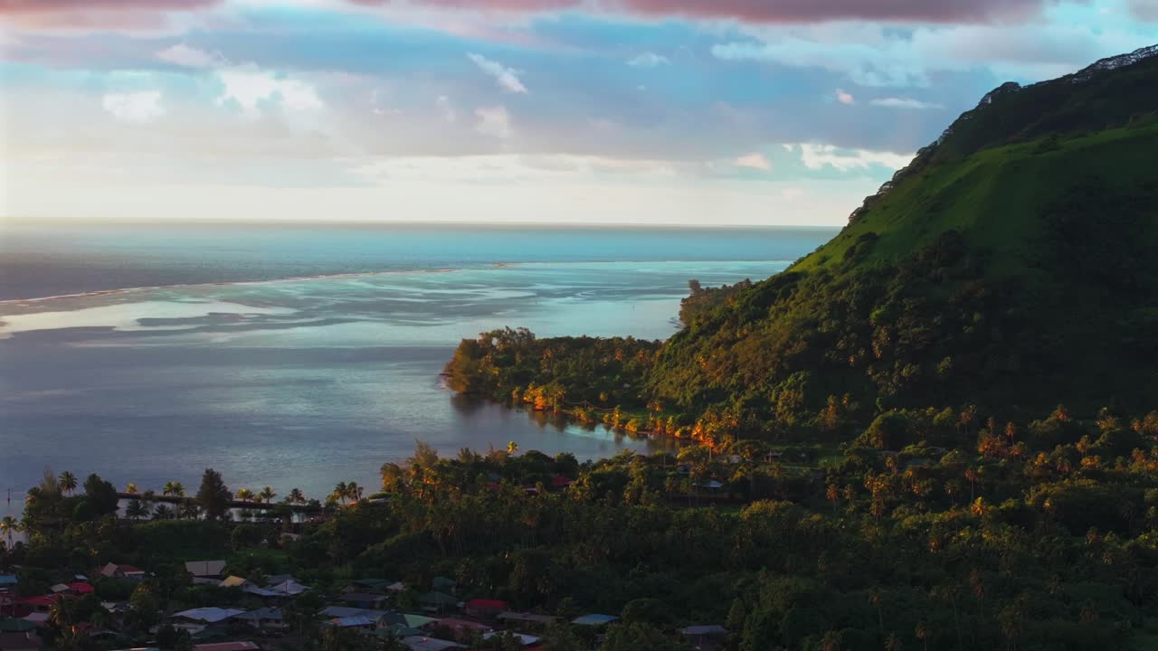 Vallee de Tautira Bay River North Shore Taiarapu Taravao Tahiti island French Polynesia aerial drone golden morning sunrise valley Vaitia village neighborhood Teahupoo circle right motion