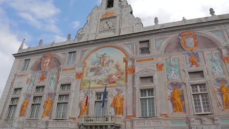 Establishing-shot-slowly-panning-down,-showing-Palazzo-San-Giorgio-in-Genoa,-Italy